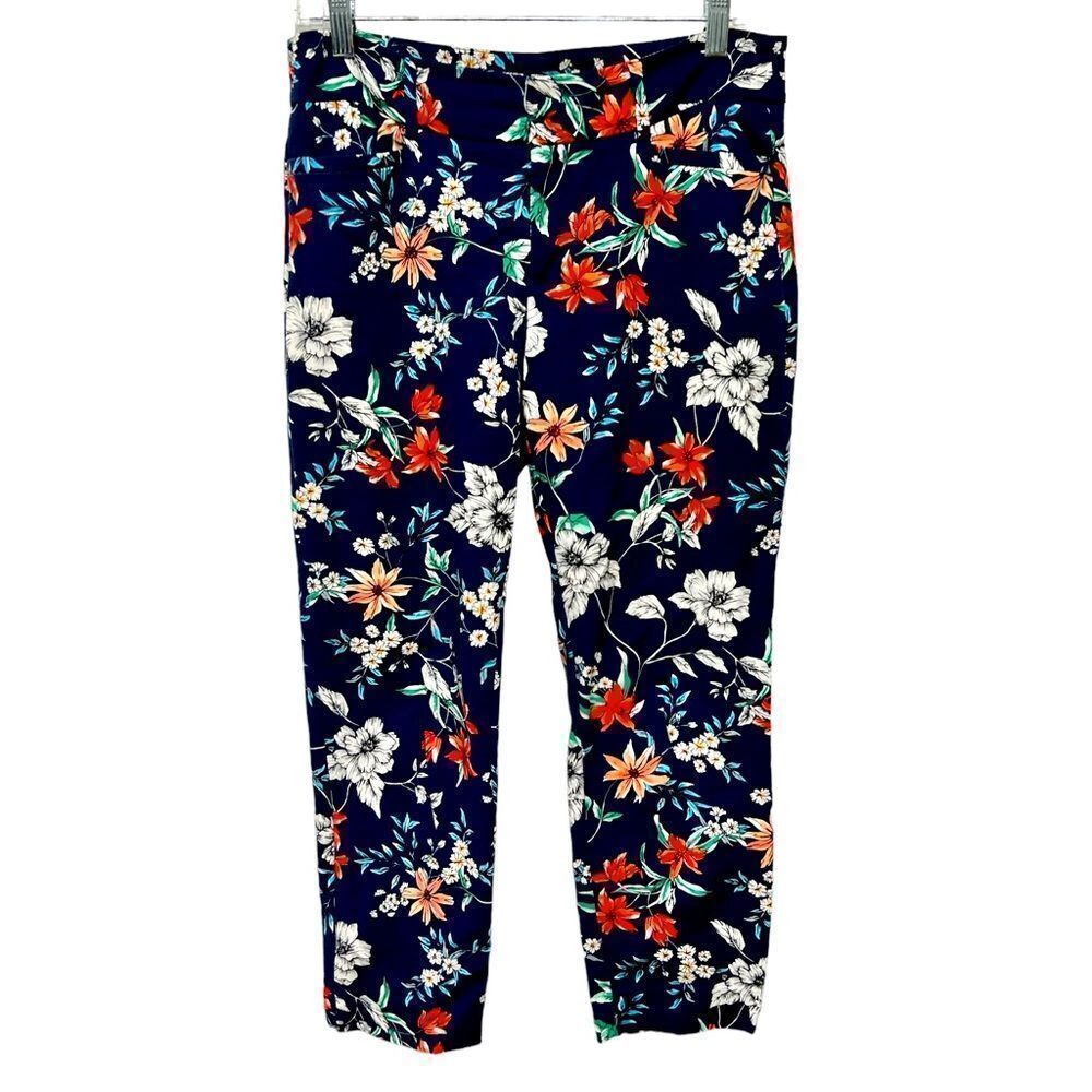 Roz & Ali Ankle Pants Floral Navy Blue Skinny Cropped Dress Pants Flowers Capris